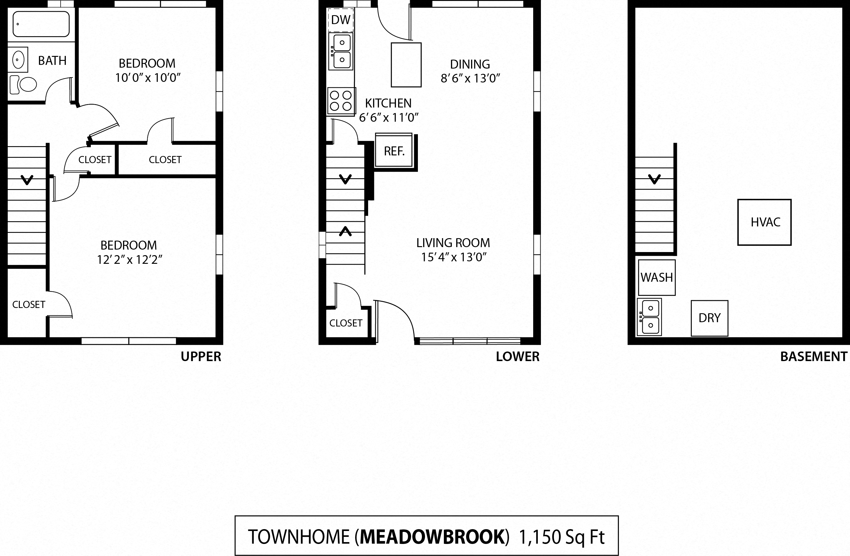 Floor plan for 2 beds, 1 bath, 1150 sqft